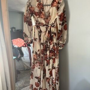 Baltic Born Cream and White Plunge Maxi Gown with Bishop Sleeves